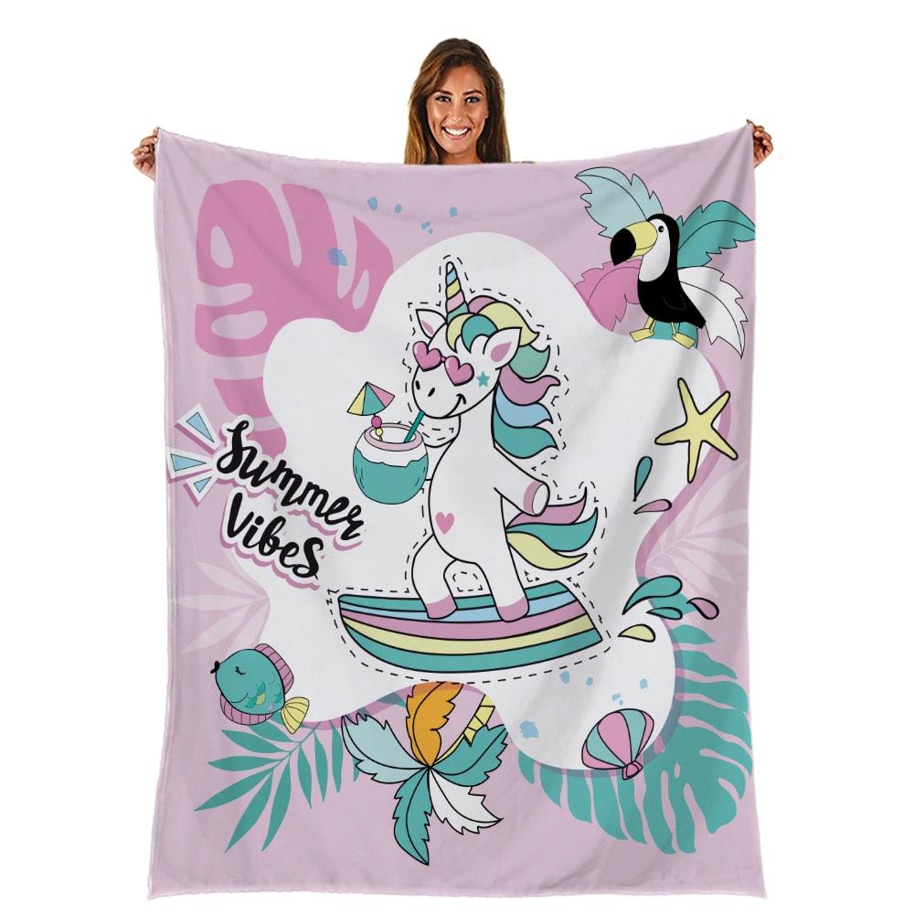 Colorful Unicorn Cartoon Print Flannel Cute Girl Sofa Napping TV Blanket Bedroom Decoration Blanket (D63)(4BM)