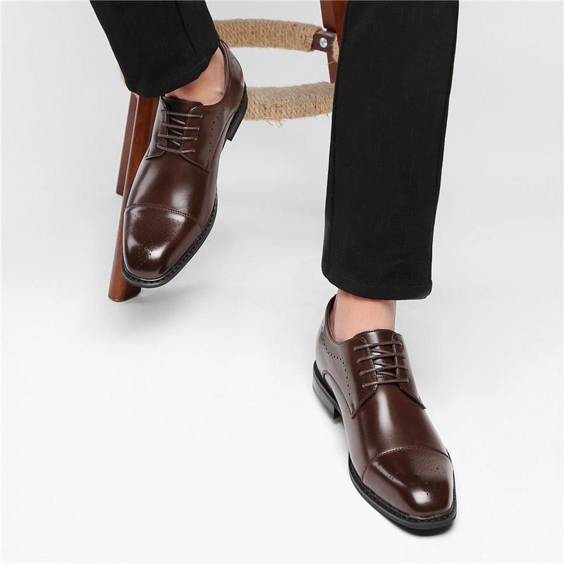 5CM Height Increase Men's Brogue Leather Dress Shoes - Classic Brown Black Square Toe Derby Formal Shoes (MSF2)(MSF1)(F14)