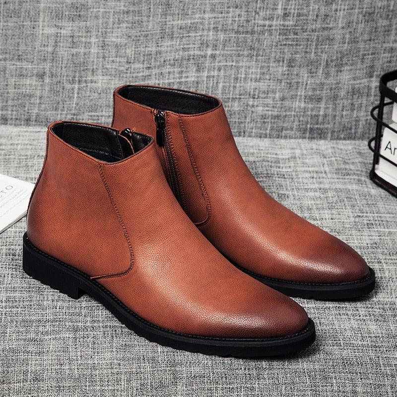 Fashion Thin Simple Zipper Leather Boots - British Style Pointed Toe Chelsea Boots (MSB1)(MSF6)(F13)