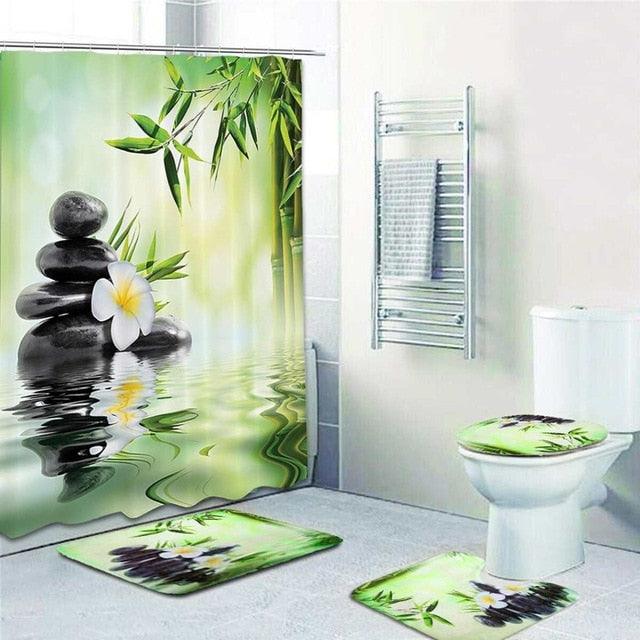 NEW Decoration 3D Bamboo Running Water Green Bamboo Shower Curtain Toilet Cover Mat Non-Slip Set (B&4)(B&2)(1U65)(F65)