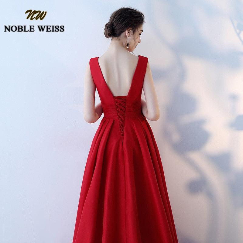 Elegant Satin Red Prom & Wedding Long Floor Length Dresses - Special Occasion Gowns - With Sexy V-neck (WSO3)(WSO5)