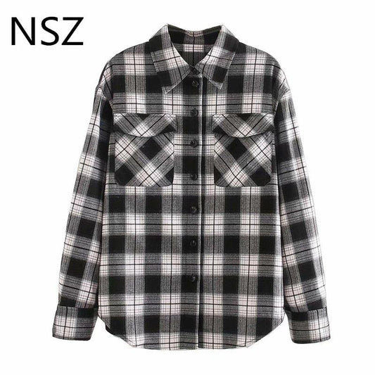 Women Cotton Oversized Blouse - Elegant Checked Long Sleeve Office Shirt - Ladies Formal Top (TB4)