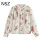 Floral Women Print Oversized Blouse - Lace Hollow Out Loose Pleated Shirt - Long Sleeve Round Collar (TB4)