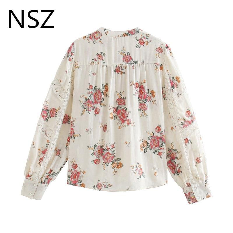 Floral Women Print Oversized Blouse - Lace Hollow Out Loose Pleated Shirt - Long Sleeve Round Collar (TB4)
