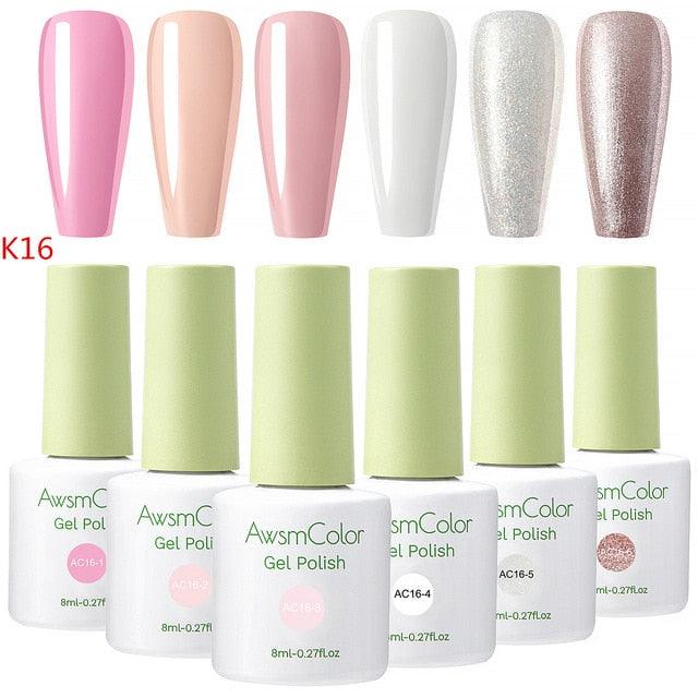 Nail Polish, Gel Nail Polish Set Soak Off Baby Pink White Glitters Nail Polish Kit 6 Colors 8ml UV LED Nail Art Gels (N1)(1U85)