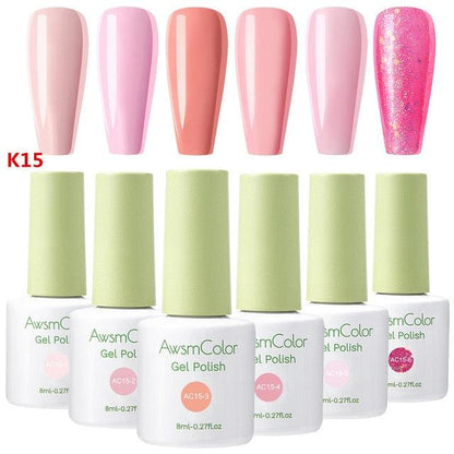 Nail Polish, Gel Nail Polish Set Soak Off Baby Pink White Glitters Nail Polish Kit 6 Colors 8ml UV LED Nail Art Gels (N1)(1U85)