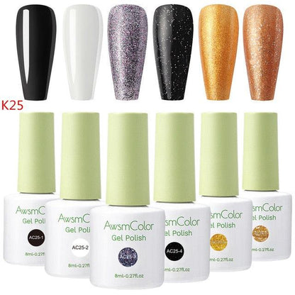 Nail Polish, Gel Nail Polish Set Soak Off Baby Pink White Glitters Nail Polish Kit 6 Colors 8ml UV LED Nail Art Gels (N1)(1U85)