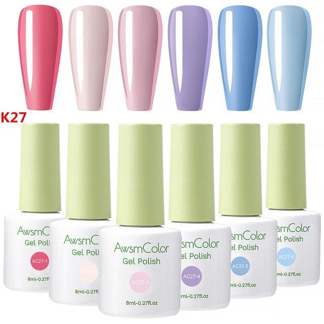 Nail Polish, Gel Nail Polish Set Soak Off Baby Pink White Glitters Nail Polish Kit 6 Colors 8ml UV LED Nail Art Gels (N1)(1U85)
