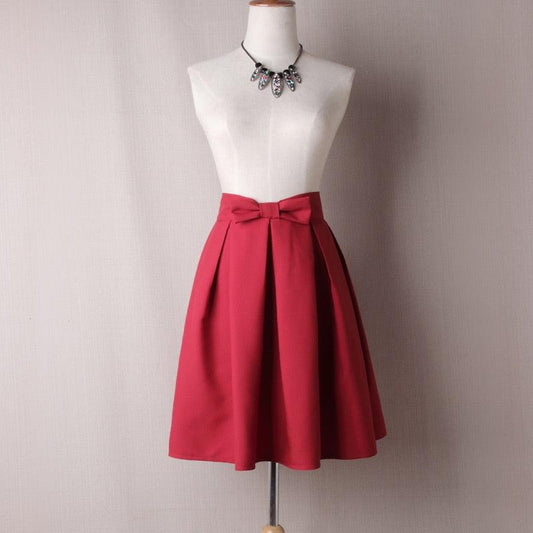 Trending Bow Pleated Women Skater Skirts - Knee Length Summer High Waist Ladies Solid Ball Gown (D23)(D20)(TB7)(TP6)