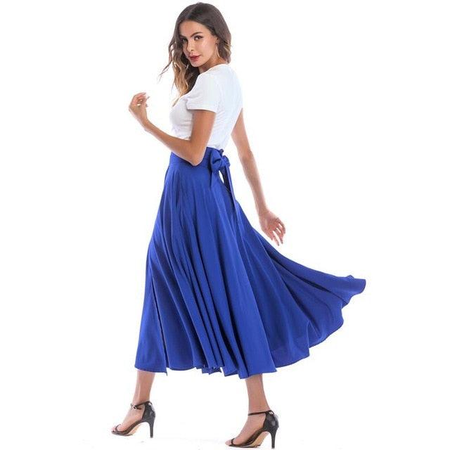 Cute Maxi Long Skirts - Plus Size 4xL 100cm Women Pleated High Waist Bow Split Skirt (TB7)(BSK)(F22)