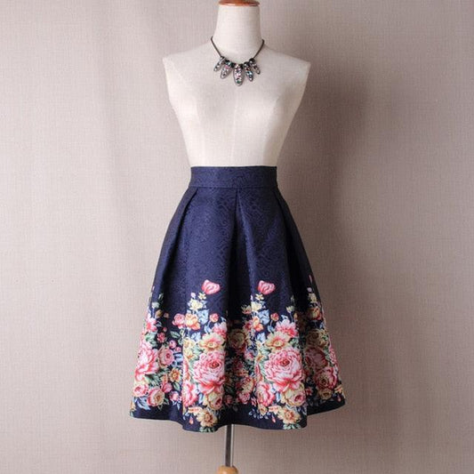 Beautiful Women Jacquard Flower Print Pleated Ball Gown - Skater Midi Skirts - Floral High Waist Skirt (D23)(TB7)