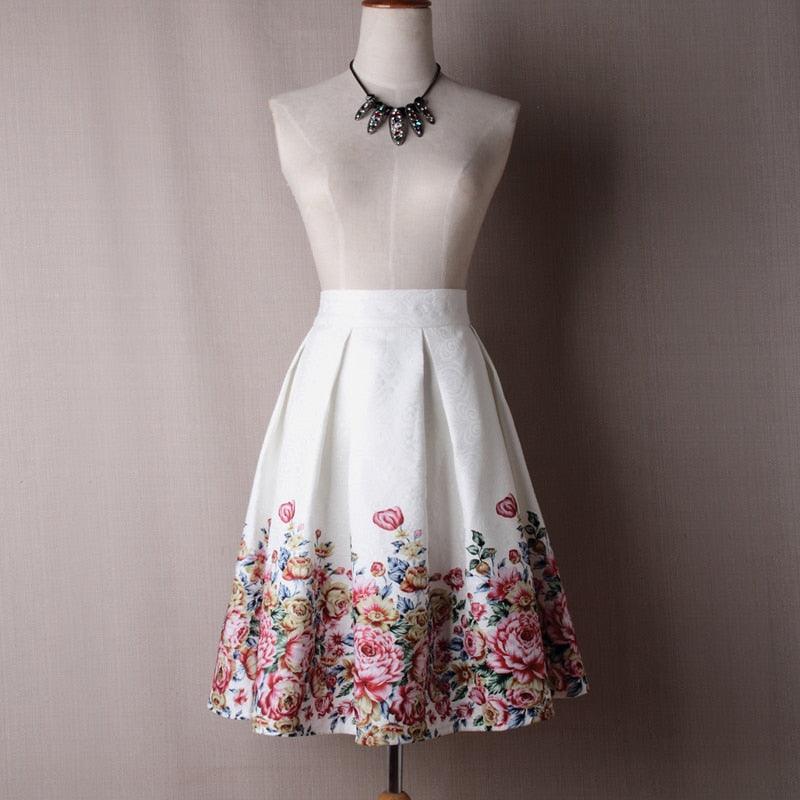 Beautiful Women Jacquard Flower Print Pleated Ball Gown - Skater Midi Skirts - Floral High Waist Skirt (D23)(TB7)