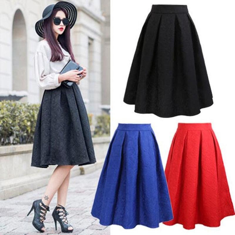 Summer Black Red Jacquard Pleated Ball Gown Skirt - Skater Ladies Midi Skirts - Plus Size - Office Wear (TB7)(TP6)