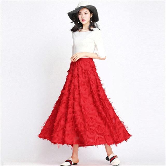 Summer Tassel Women Tulle Mesh Skirts - High Waist Puffy Ladies Skirts (TB7)(TP6)(F22)(F20)