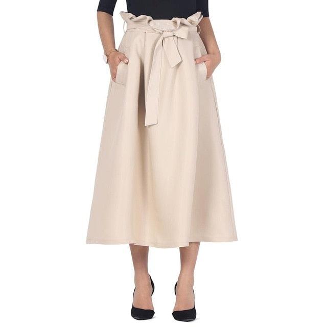 Cute A Line Women Midi Skirts - Summer Bow Sashes - High Waist Pocket Shining Fabric Vintage Lady Solid Party Skirt (TB7)(TP6)