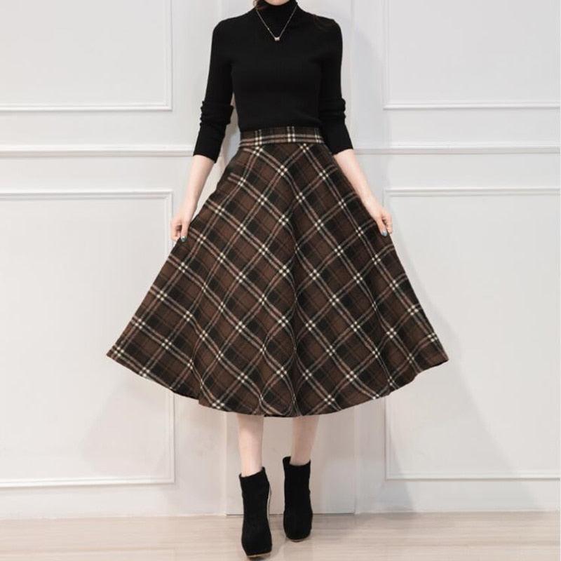 Plaid High Waist Midi Skirts - Woolen Plus Size 3XL A Line Pleated Winter Skirts (D23)(D20)(TB7)(TP6)