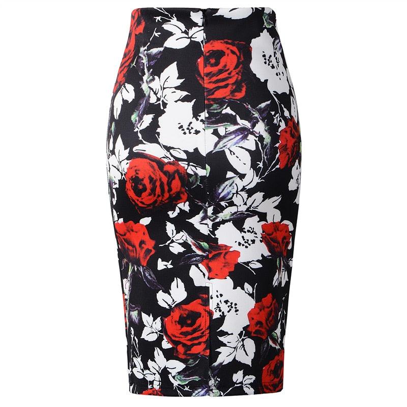 Gorgeous Retro Red Rose Floral Pattern Printed Women Sexy Skirt - Midi Pencil Skirts - Plus Size - Summer Office Work (TB7)(F22)