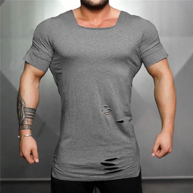 New Cotton Men's T shirt - Vintage Ripped Hole T-shirt - Men Fashion Casual Activewears Fitness T-shirt (TM2)