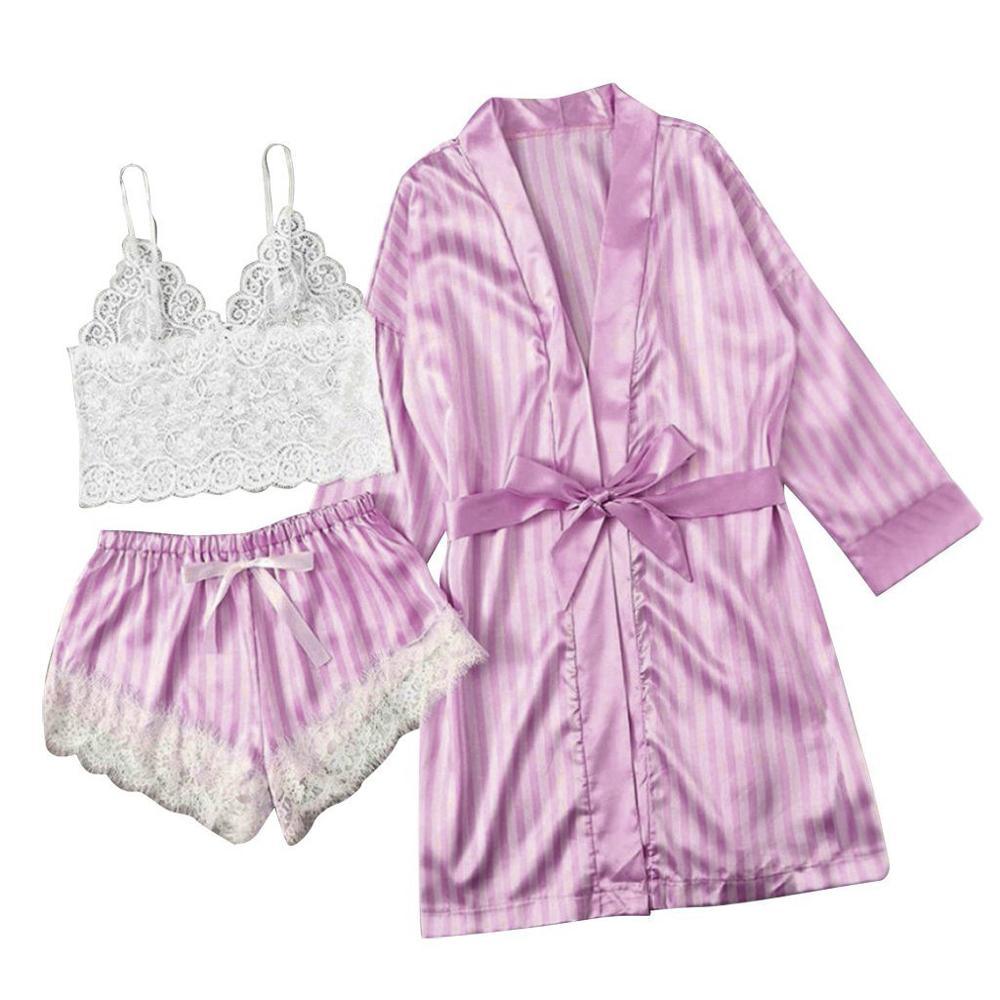 New Women's 3 Pieces Pajamas Sets - Emulation Silk Striped Women Sleepwear Sets - Spring Summer (3U90)