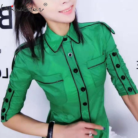 New Fashion Spring Women Blouse - Thin Shirt -Bordered Buttons Decoration - Turn Down Collar - Dual Pockets -Half Sleeve Slim Tops (TB4)(BCD2)