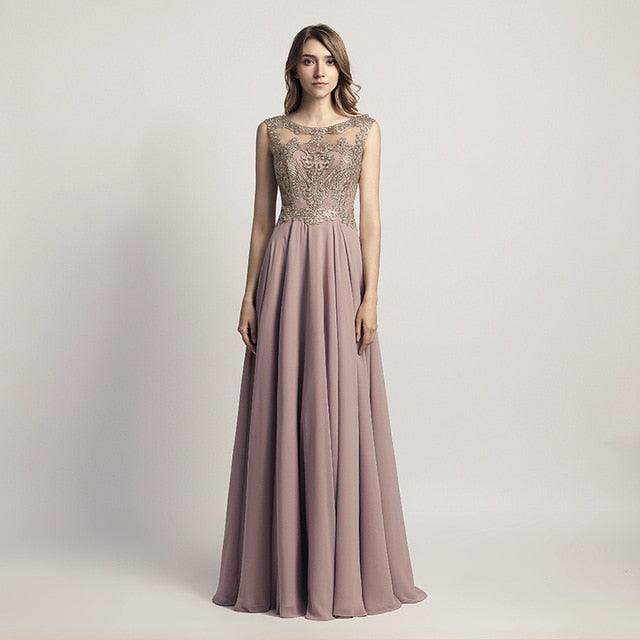 New Arrival Long Prom Dresses - Chiffon Sheer Neck Illusion Back Evening Party Gown - Beading Bodice Formal Women Dress (D30)(BWM)(WSO3)(WSO5)