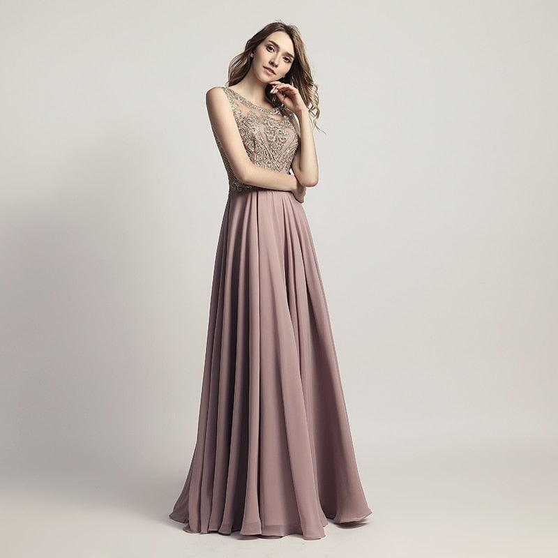 New Arrival Long Prom Dresses - Chiffon Sheer Neck Illusion Back Evening Party Gown - Beading Bodice Formal Women Dress (D30)(BWM)(WSO3)(WSO5)