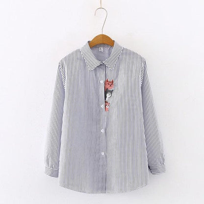 New Arrival Women Cat Embroidery White Shirt - Turn Down Collar - Long Sleeve Button Up Blouse - Cute Girls Top (TB4)