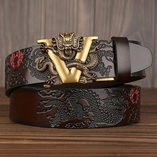 New Men's China Dragon Belt - Genuine Leather Belt - Dragon Pattern Automatic Buckle Belt Strap (MA1)(F17)