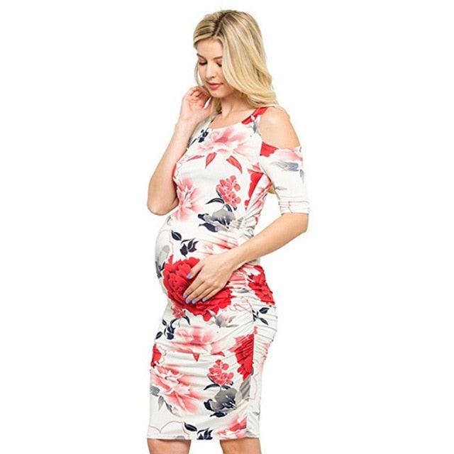 New Maternal Ladies Off-the-shoulder Print Versatile Slim Pregnancy Dresses - Flower Color Casual O-Neck Dress (D5)(Z7)(Z9)(1Z1)(3Z1)(5Z1)(7Z1)