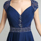 Gorgeous New Navy Blue Cap Sleeve Dress - Beading Sashes Chiffon Pleat Back Lace Formal Evening Party Gown (BWM)(WSO3)(BCD1)