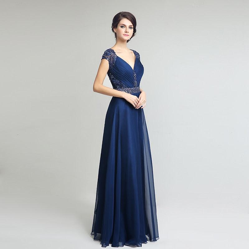 Gorgeous New Navy Blue Cap Sleeve Dress - Beading Sashes Chiffon Pleat Back Lace Formal Evening Party Gown (BWM)(WSO3)(BCD1)
