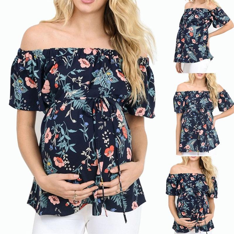 Trending New One-line Collar Loose Tops - Tie Short-sleeved Layered Ruffled Straps - Pregnant Women Printed Chiffon Shirt (D4)(Z1)