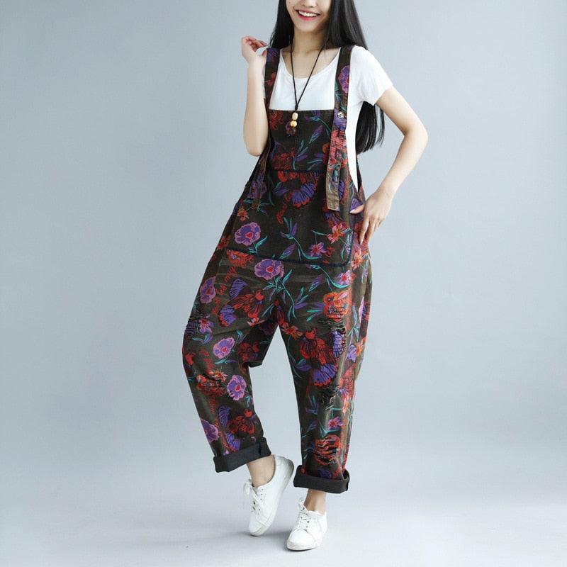 New Retro Printed Holes Ripped Jumpsuit - Plus Size Women's High Quality Wide Legs Oversized Overalls (D33)(TBL1)(BCD3)