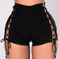 Sexy Women's Denim Shorts - Solid Lacing Ripped Mid Wast Shorts - Plus Size (TBL2)