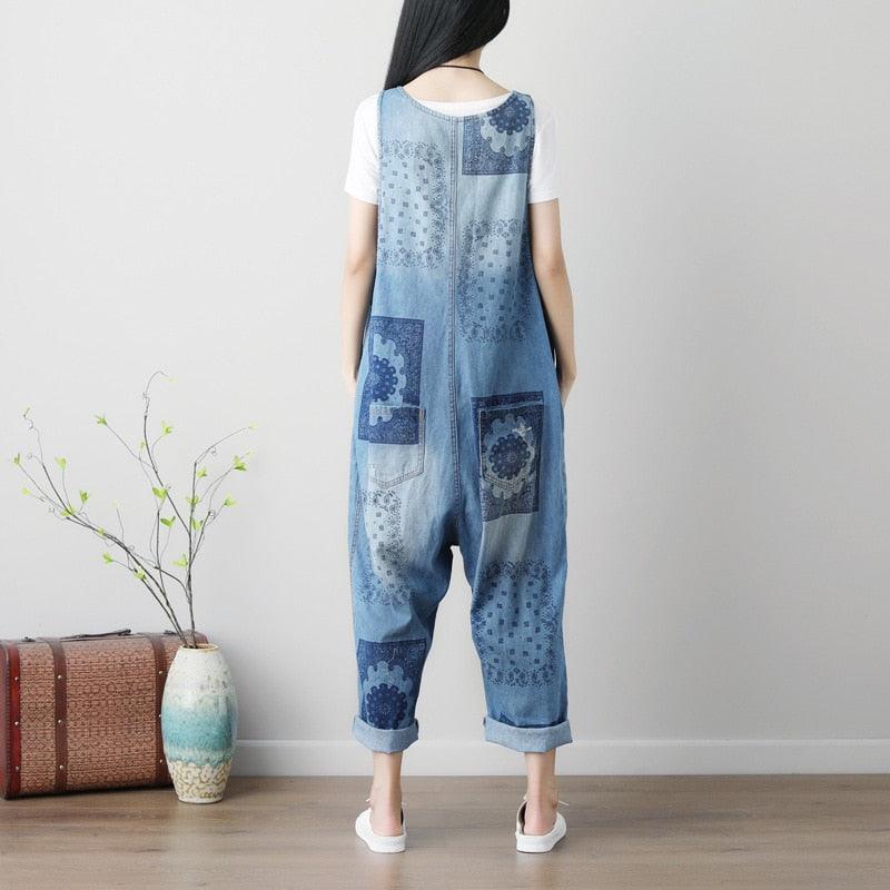 New Spring Summer Sleeveless Jumpsuits - Washed Printing Bib Cross Pants Women Overalls - Loose Casual (TBL1)