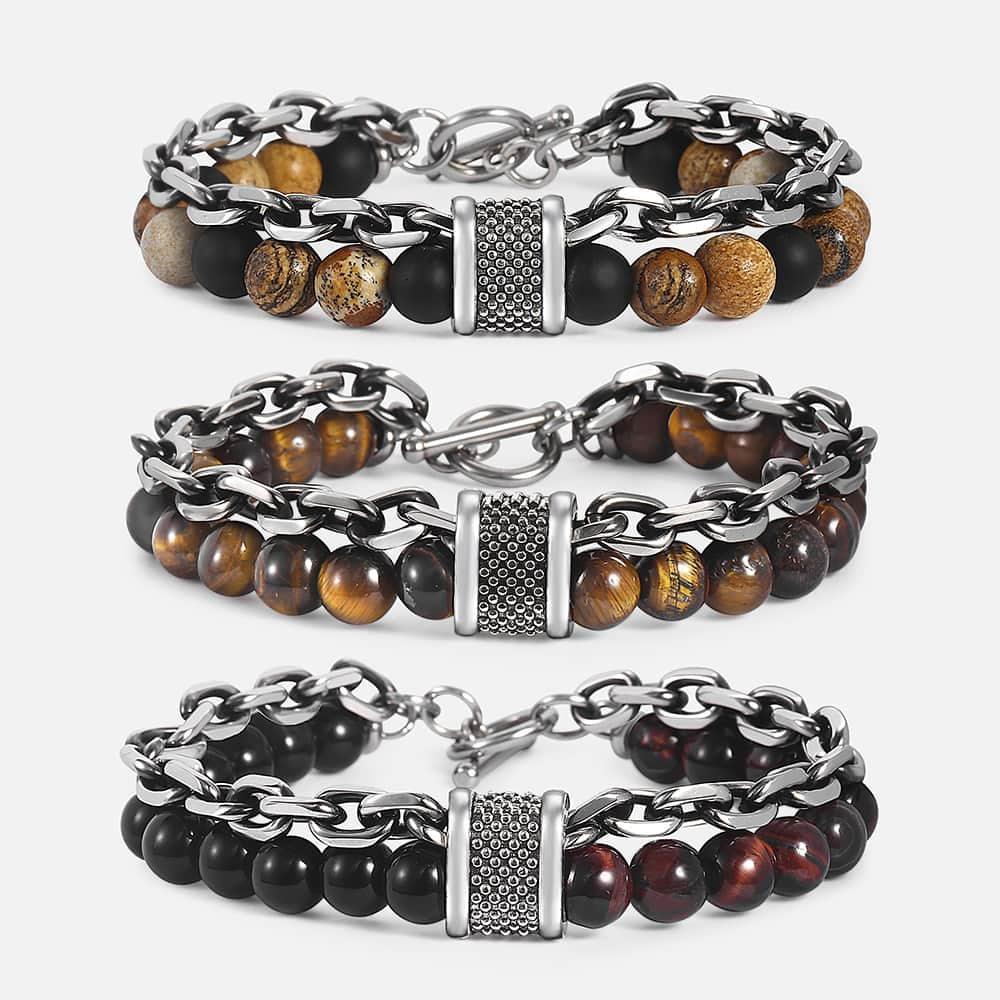 New Two Layers Men's Bracelet - Tiger Eye Stone Beaded Bracelet Black Glass Beads (2U83)