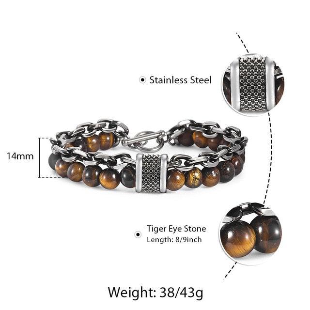 New Two Layers Men's Bracelet - Tiger Eye Stone Beaded Bracelet Black Glass Beads (2U83)