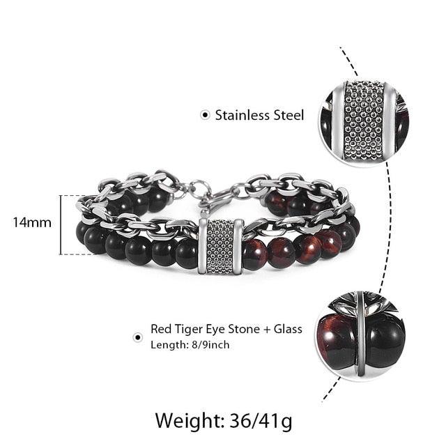 New Two Layers Men's Bracelet - Tiger Eye Stone Beaded Bracelet Black Glass Beads (2U83)