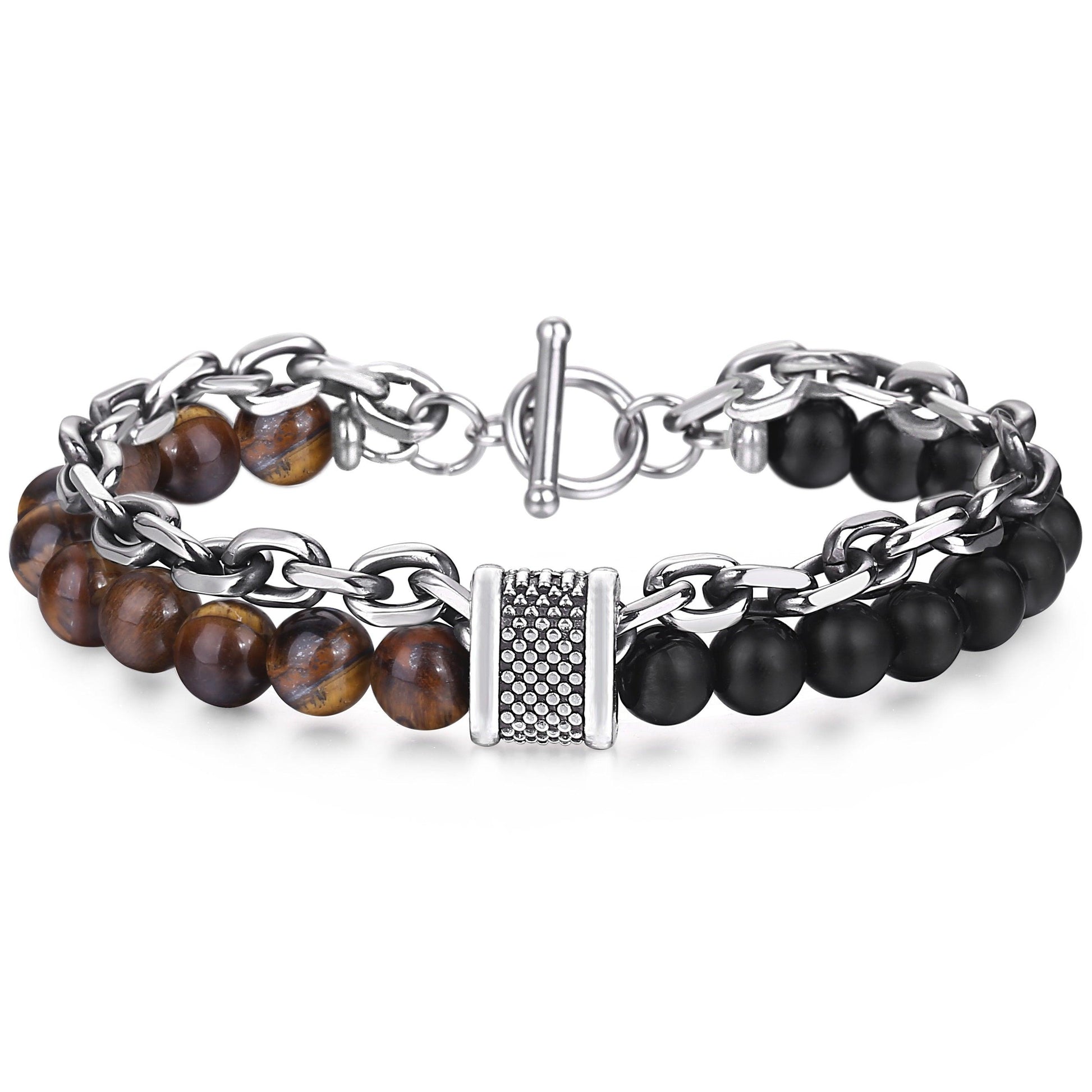 New Two Layers Men's Bracelet - Tiger Eye Stone Beaded Bracelet Black Glass Beads (2U83)