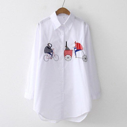 New White Women Shirt - Long Sleeve Cotton Embroidery Blouse - Lady Casual Button Design Turn Down Collar (TB4)