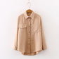 New Women Solid Corduroy Sleeve Vintage Blouse - Turn Down - Collar Loose Top - Button Up (TB4)