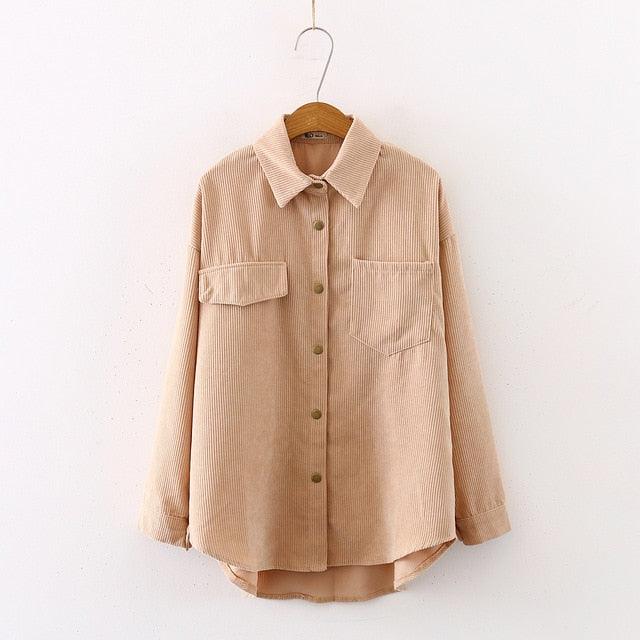 New Women Solid Corduroy Sleeve Vintage Blouse - Turn Down - Collar Loose Top - Button Up (TB4)