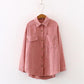 New Women Solid Corduroy Sleeve Vintage Blouse - Turn Down - Collar Loose Top - Button Up (TB4)