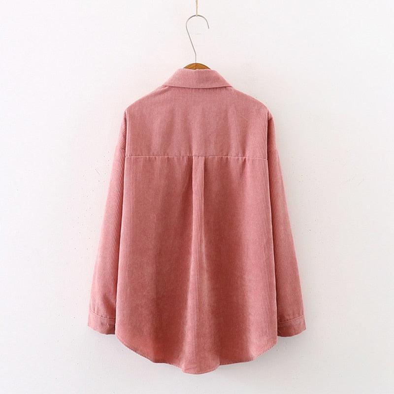 New Women Solid Corduroy Sleeve Vintage Blouse - Turn Down - Collar Loose Top - Button Up (TB4)