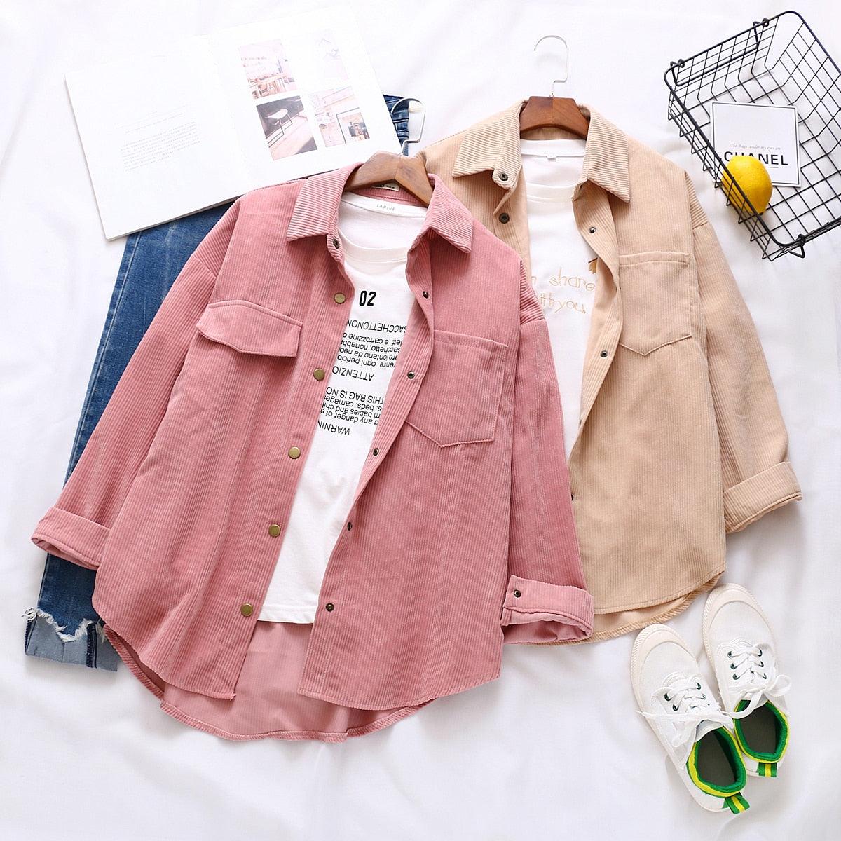 New Women Solid Corduroy Sleeve Vintage Blouse - Turn Down - Collar Loose Top - Button Up (TB4)