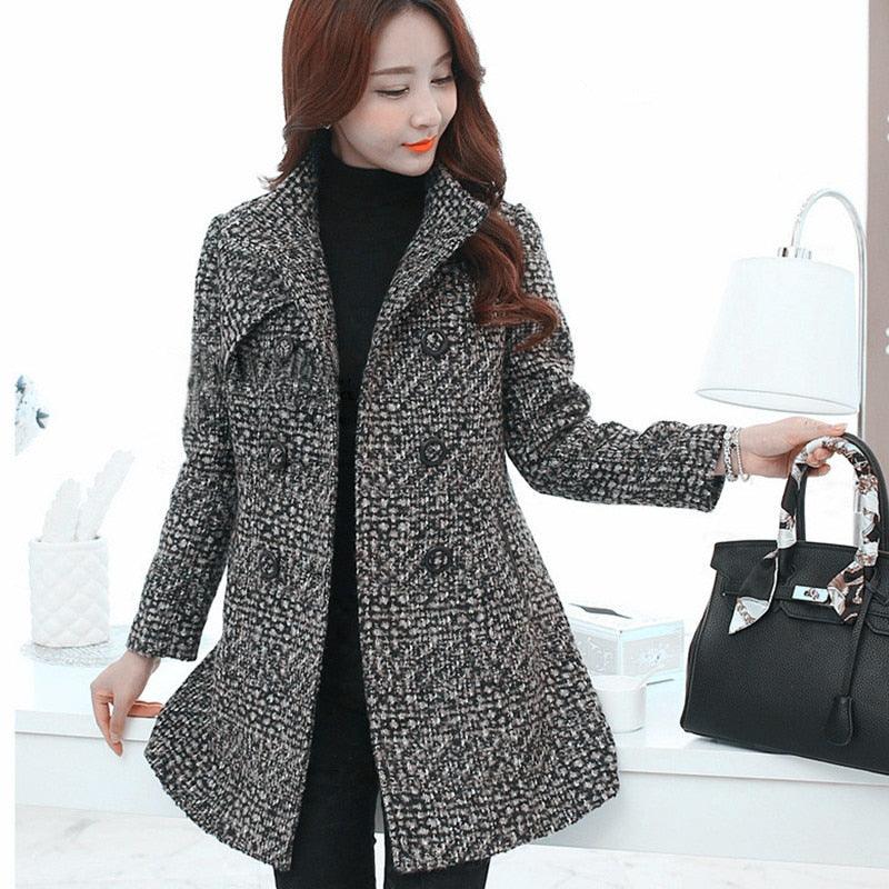 New Women's Wool Blends Coat - Winter Autumn Fashion Elegant Turtleneck Plaid Slim Long Jacket Coat (TB8A)(TB8B)(TP3)(F20)(F23)