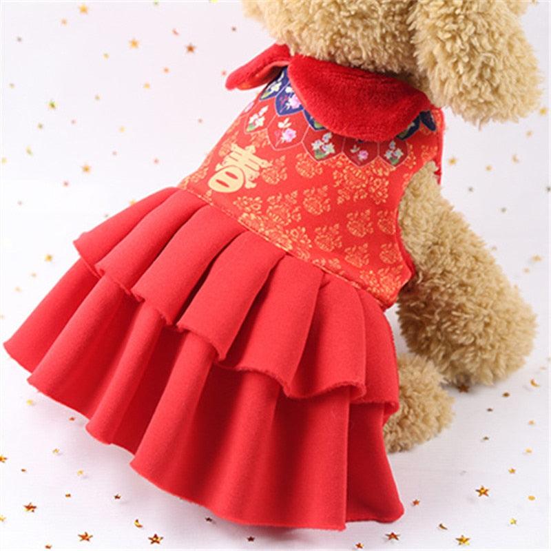 New Year Pet Clothes Jumpsuit - Girl Dog Dress Cheongsam Tang Suit Winter Puppy Clothing (D69)(W3)(W5)