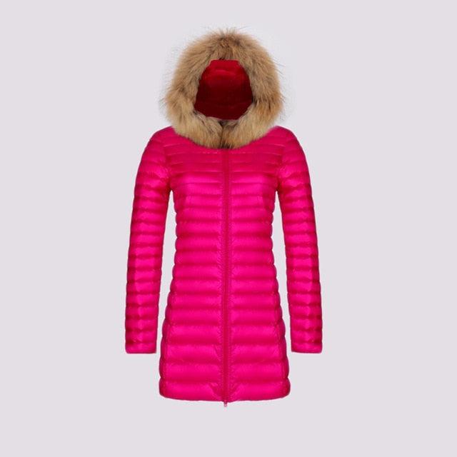 Trending Fur Women Wrap Hoodie Jacket - Ultra Light Duck Down Jacket - Long Female Overcoat (TB8A)(F23)