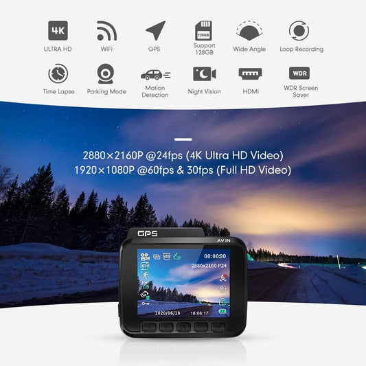 Dash Cam Dual Lens 4K UHD Recording Dashboard Camera Super Night Vision - WDR Built-In GPS Wi-Fi G-Sensor (CT4)(1U60)
