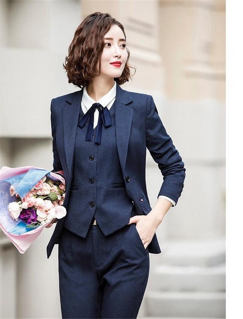 Black Two Piece Womens Business Suit Set With Formal Waistcoat For